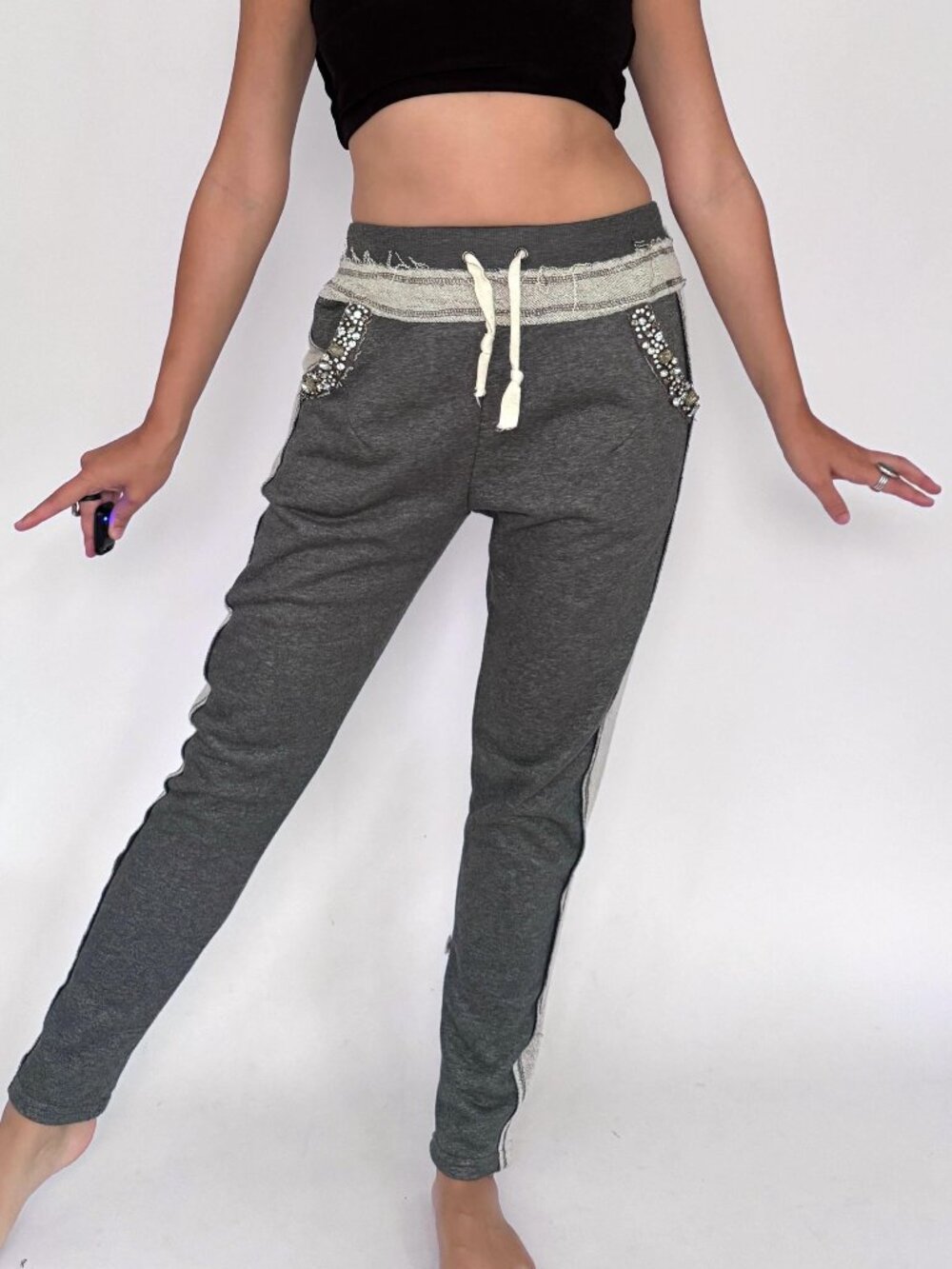 Y2K vintage grey bedazzled rhinestone preppy tapered jogger cotton sweatpants
